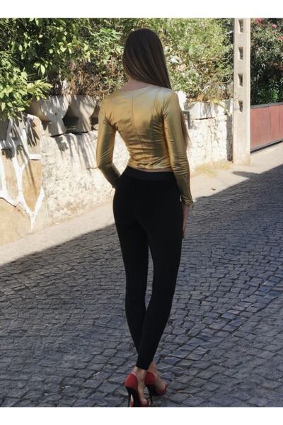 KAYAHAN COLLECTION Kadın Altın Kısa Içi Dantel Kaplama Mini Deri Ceket Mont