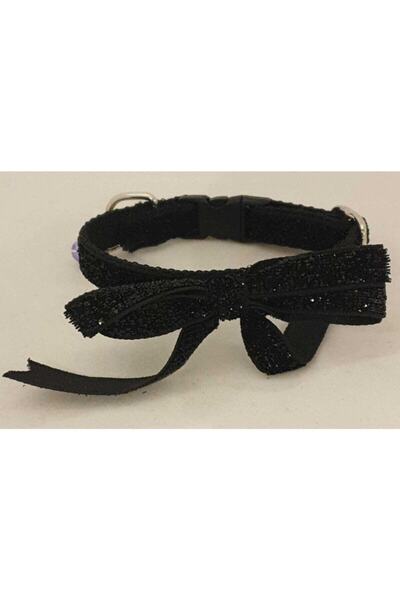 Elite Black Glitter Striped Cat Collar with Pendent Bow 1 Cm Lock Buckle