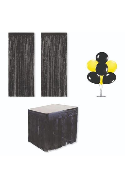Parti Furyası Metallized Black Table Skirt with Tassels+wall Door Curtain+balloon Stand