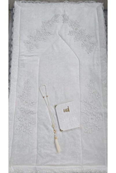 Lamazihome Krem Kadife Seccade Takımı 3 Parça Cüz Tesbih Bohça Çeyiz Nişan Se...