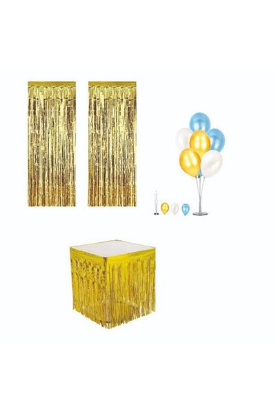 Parti Furyası Tasseled Metallized Gold Table Skirt + Wall Door Curtain + Balloon Stand