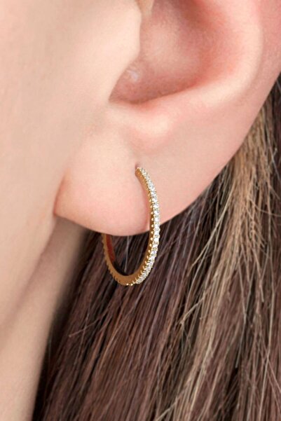 Afrodit Silver 20 Mm Altın Rengi Taşlı Halka Gümüş Küpe