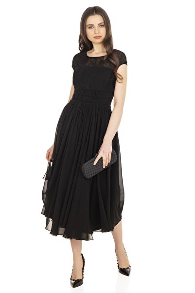 NELİDA Kadın Siyah Pliseli Eşsiz Tasarım Midi Elbise