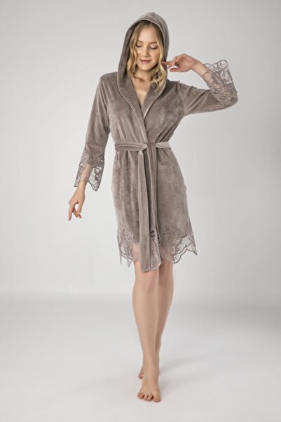 Nuşa Kadın Bej Dantelli Bambo Cotton Bornoz