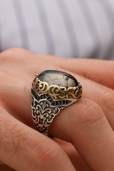 Silva Silver Akik Taşlı Desenli 925 Ayar Gümüş Erkek Yüzük