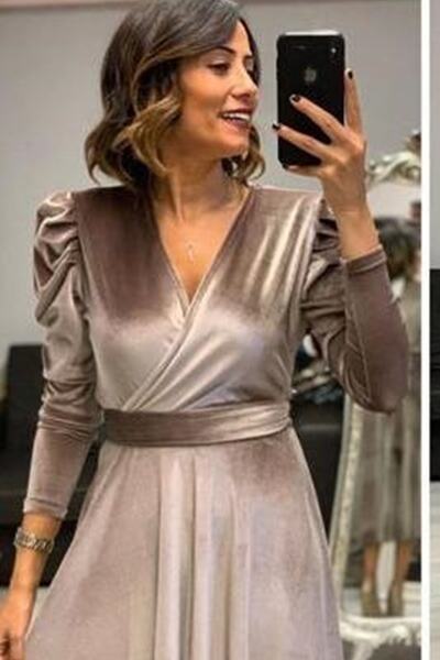 MACFLY Belted Midi Length Double Breasted Collar Velvet Dress