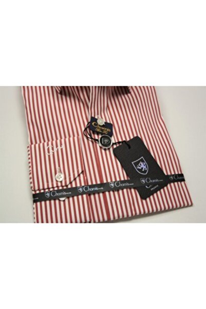 Chamis Slimfit Red Striped Satin Classic Collar Shirt