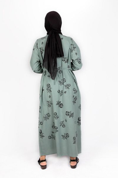 ÇIKRIKÇI Women's Green Sile Cloth Long Sleeve Hijab Dress