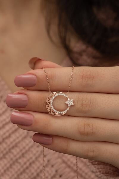 Nereze 925 Ayar Rose Ayyıldız Kadın Gümüş Kolye