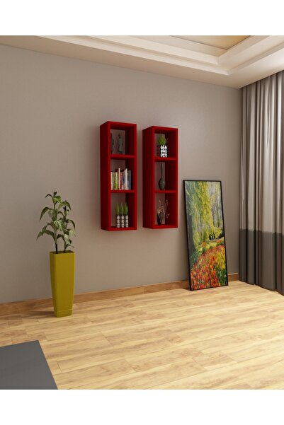 Dekormer Design Kırmızı Duvar Rafı Kitaplık Takım