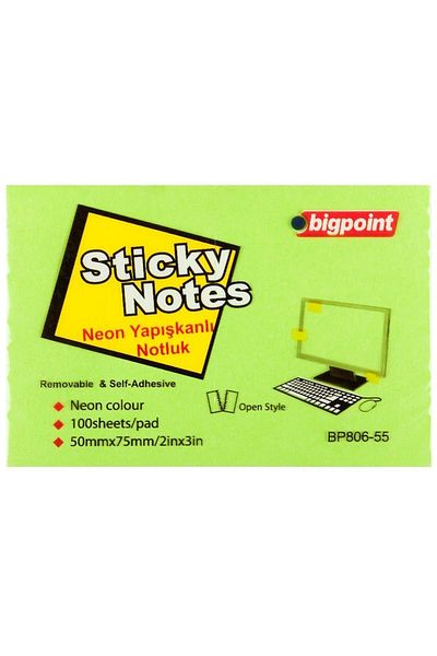 Bigpoint ورق ملاحظات لاصق 75x50 ملم أخضر نيون