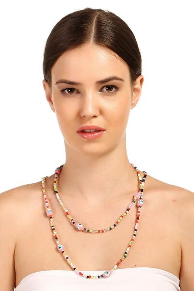 Rouge قلادة نسائية ملونة مطرزة بعين الشر بصف مزدوج