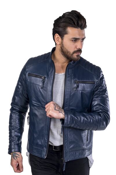 BATU DERİ Men's Genuine Leather Navy Blue Leather Jacket