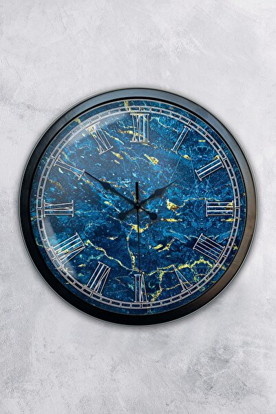 AİB STORE ساعة حائط رخام أزرق معدني أسود مقاس 40 سم
