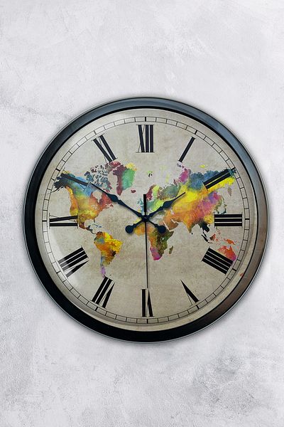 Kasva Concept Gift 40 cm Black Metal World Map Wall Clock