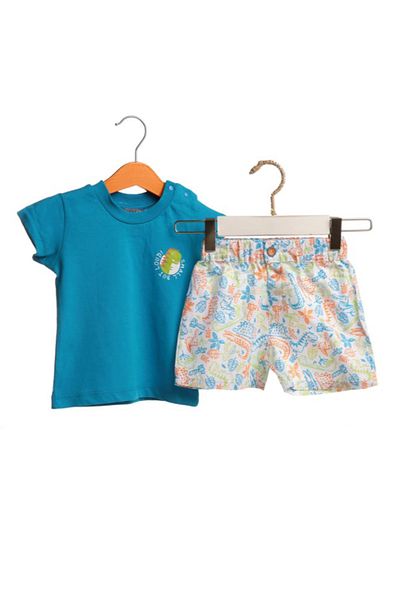 Bambaki Baby Boy Dinosaur Island Poplin Short Sleeve Cover Crew Neck 2-Piece T-Shirt Shorts Set
