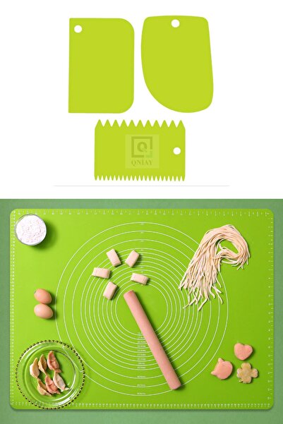 QNİAY Hamur Seti 4lü Set Silikon Ölçekli Hamur Açma Matı + 3 Lü Hamur Kesme A...