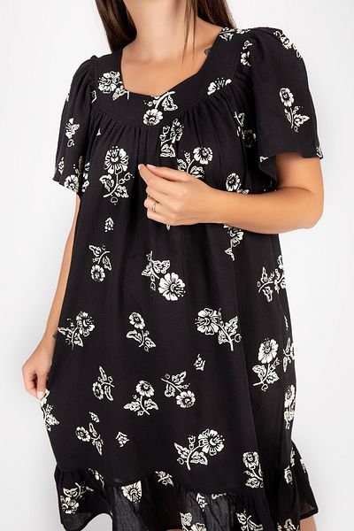 Kardelen Butik Ümraniye Women's Sile Cloth Short Sleeve Rose Pattern Black Dress