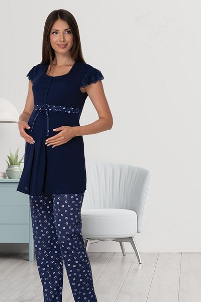 lohusahamile Navy Blue Lace Detailed Maternity Pajamas Set Effortt 6012