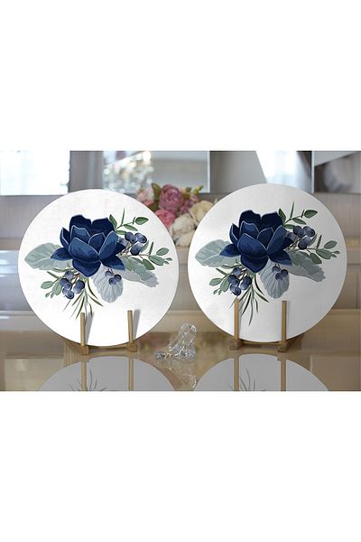 Realhomes 2-Piece Pastel Blue Rose Patterned Digital Printed Decorative Round Plate & Placemat