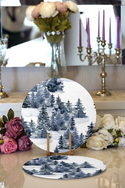 Realhomes Set of 2 Watercolor Drawing Winter Themed Pine Trees Digital Printed Decorative NestSupla & Placemat
