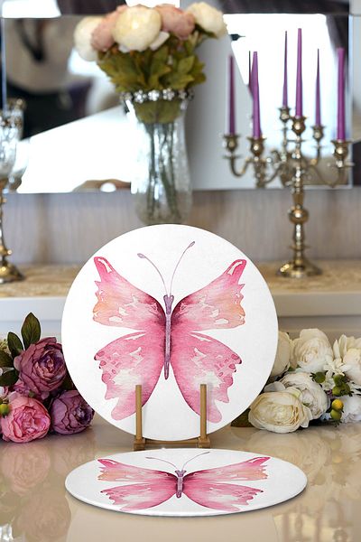 Realhomes 2-Piece White Floor Pink Butterfly Design Digital Printed Decorative Round Plate & Placemat