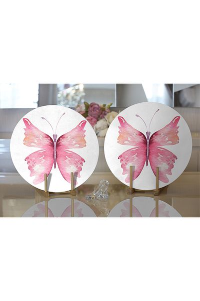 Realhomes 2-Piece White Floor Pink Butterfly Design Digital Printed Decorative Round Plate & Placemat