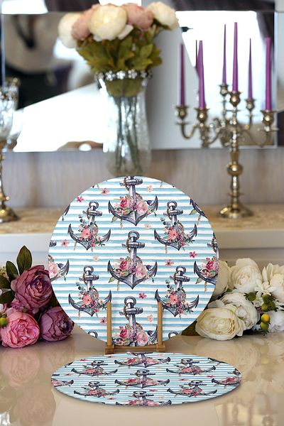 Realhomes 2-Piece Blue Striped Anchor Design Digital Printed Decorative Round Charger & Placemat