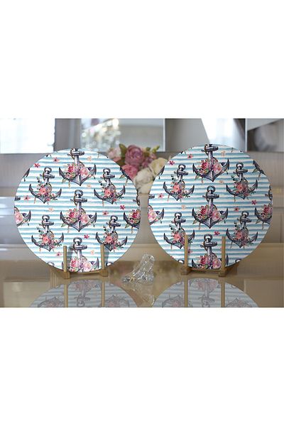 Realhomes 2-Piece Blue Striped Anchor Design Digital Printed Decorative Round Charger & Placemat
