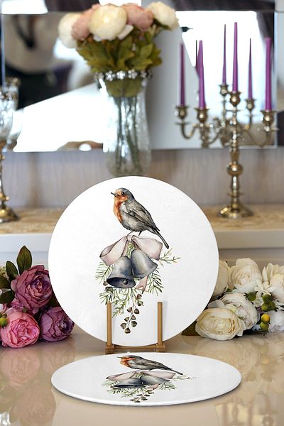 Realhomes 2-Piece Bell & Bird Motif Digital Printed Modern Round Plate & Placemat