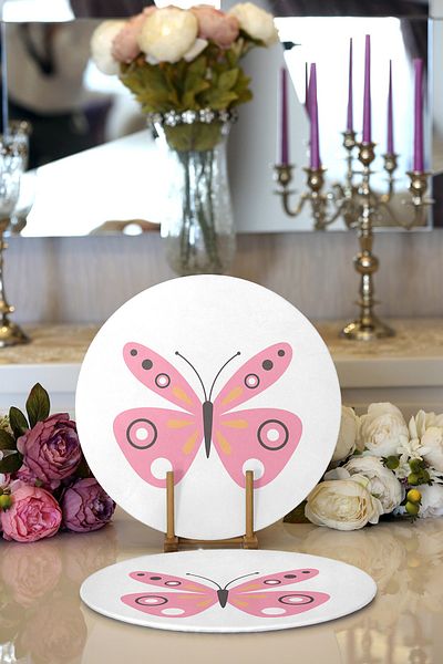 Realhomes 2-Piece Pink Butterfly Design Digital Printed Modern Round Charger & Placemat