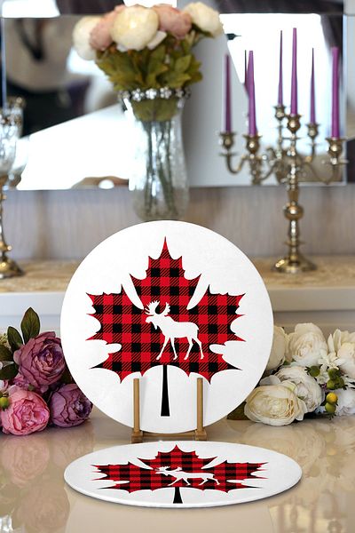 Realhomes Leaf Designed 2-piece Plaid Digital Printed Plate and Placemat