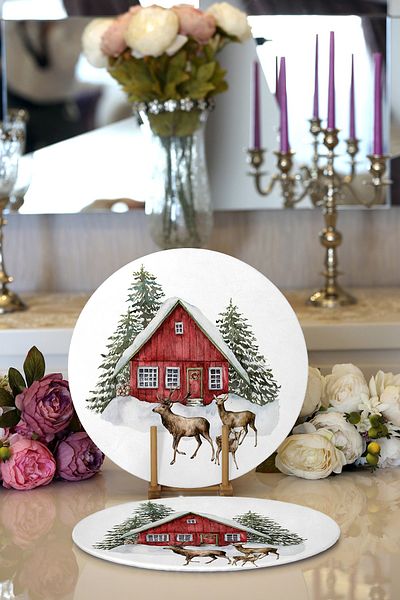 Realhomes 2-Piece Winter Themed Deer and Vineyard House Motif Digital Printed Modern Round Plate & Placemat