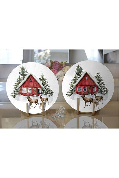 Realhomes 2-Piece Winter Themed Deer and Vineyard House Motif Digital Printed Modern Round Plate & Placemat