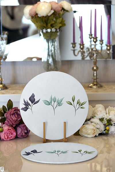 Realhomes 2-Piece Mint Green Floored Flower Design Digital Printed Decorative Round Plate & Placemat