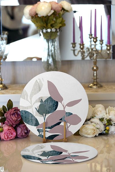 Realhomes 2-Piece Special Design Leaf Motif Digital Printed Decorative Round Plate & Placemat