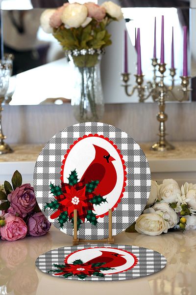 Realhomes 2-Piece Gray Plaid Floor & Red Bird Design Digital Printed Modern Round Plate & Placemat