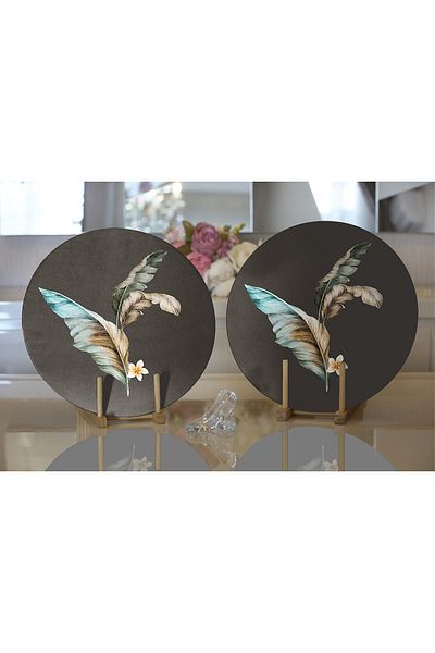 Realhomes 2-Piece Special Design Feather Motif Digital Printed Modern Round Plate & Placemat