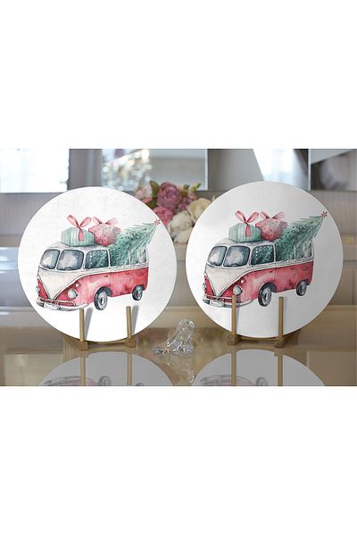 Realhomes 2-Piece Christmas Themed Car Design Digital Printed Modern Round Charger & Placemat