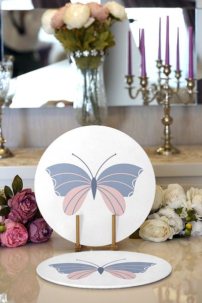 Realhomes 2-Piece Blue Pink Butterfly Patterned Digital Printed Decorative Round Charger & Placemat