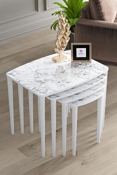 Canisa Concept Telwe Serisi Üst Kalite Mdf 4lü Zigon Sehpa Takımı Beyaz Merme...