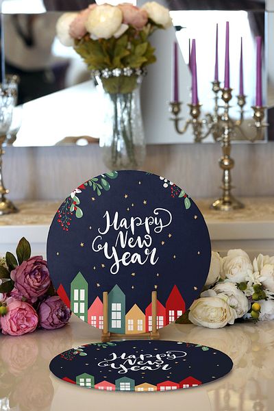 Realhomes 2-Piece Happy New Year Designed Digital Printed Decorative Round Plate & Placemat