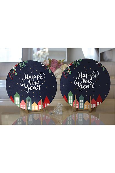 Realhomes 2-Piece Happy New Year Designed Digital Printed Decorative Round Plate & Placemat