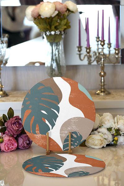 Realhomes 2-Piece Colorful Floor Tropical Leaf Drawing Digital Printed Decorative Round Plate & Placemat