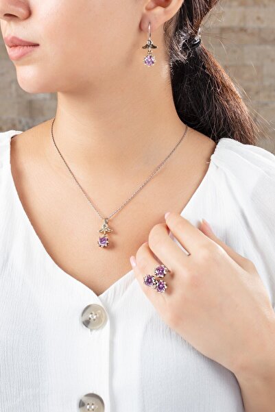 Rana Silver Ametist Taşlı Gümüş Üçlü Set