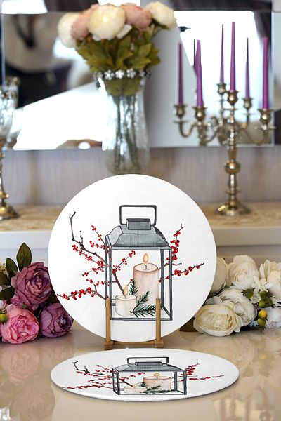 Realhomes 2-Piece Candlestick Motif Special Design Digital Printed Decorative Round Plate & Placemat