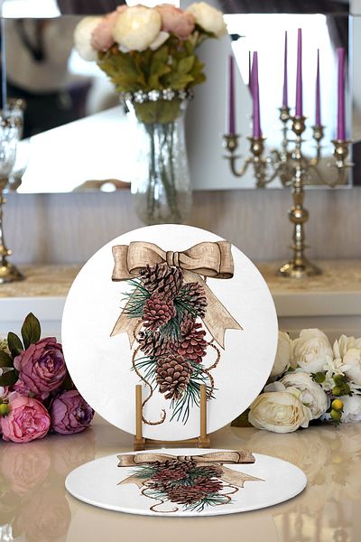 Realhomes 2-Piece Ribbon Pinecone Motif Digital Printed Decorative Round Plate & Placemat