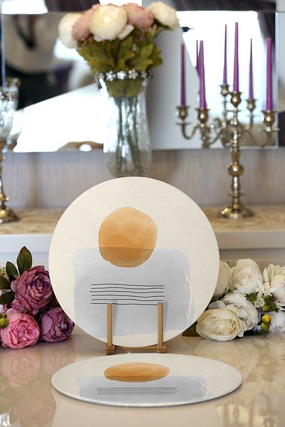 Realhomes 2-Piece Abstract Style Digital Printed Decorative Round Plate & Placemat with Onedraw Drawing