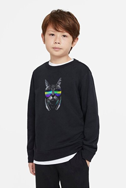 QIVI Unisex dečije crne DJ mačka naočare slušalice Štampano T-shirt