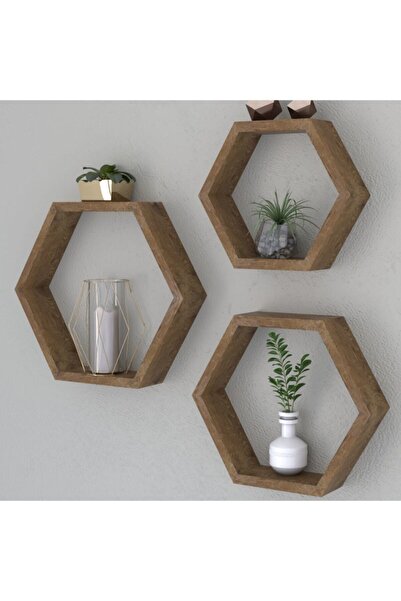 Genel Markalar Duvar Rafı Altıgen Rustik Ahşap Dekoratif Duvar Rafı 3'lü